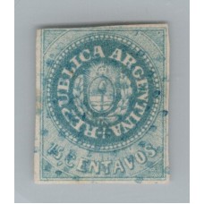 ARGENTINA 1862 GJ 09 ESCUDITO DE 15 Cts DE FRESCO ASPECTO CON MATASELLO PUNTOS EN COLOR AZUL LLEVA AL DORSO LA FIRMA DE AUTENTICIDAD DE DON VICTOR KNEITSCHEL U$ 245